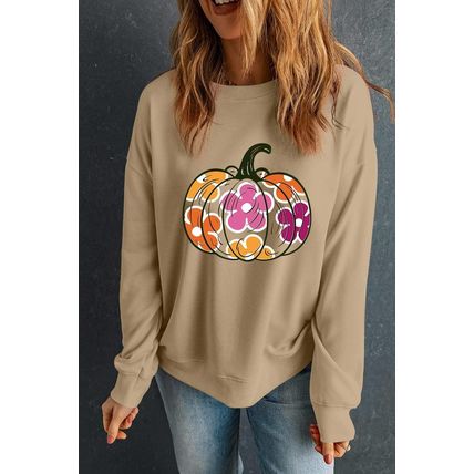 Khaki Halloween Floral Pumpkin Graphic Drop Shoulder Sweatshirt