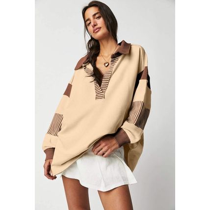 Light French Beige Striped Colorblock Patchwork Collar Sweatshirt
