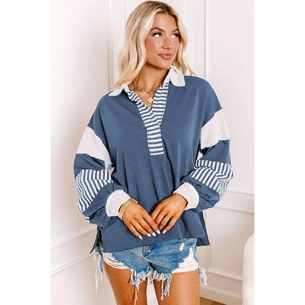 Sail Blue Striped Colorblock Patchwork Collar Sweatshirt