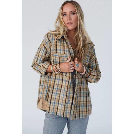 Ashleigh Blue Waffle Knit Patchwork Hooded Plaid Shacket