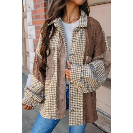 Khaki Houndstooth Color Contrast Textured Patchwork Loose Shacket