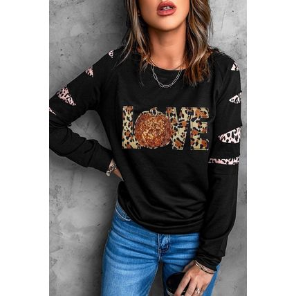 Black LOVE Sequin Pumpkin Leopard Print Cut Out Sleeve Sweatshirt
