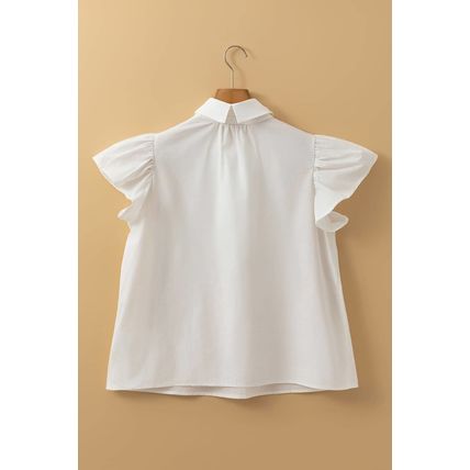White Half Button Lace Patchwork Flutter Sleeve Blouse