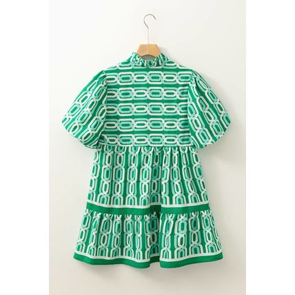 Bright Green Abstract Patterned V Neck Puff Short Sleeve Mini Dress