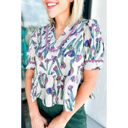 Purple Floral Ricrac Trim Half Sleeve Peplum Top