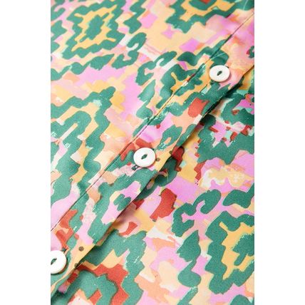 Dark Green Abstract Print Half Sleeve Button up Loose Shirt
