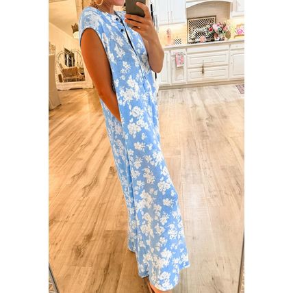 Myosotis Floral Print Half Button Wide Leg Relaxed Sleeveless Jumpsuit