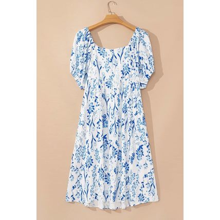 Sky Blue Floral Print Sweetheart Neck Plus Size Midi Dress