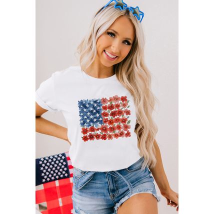 White Star Floral American Flag Printed T Shirt
