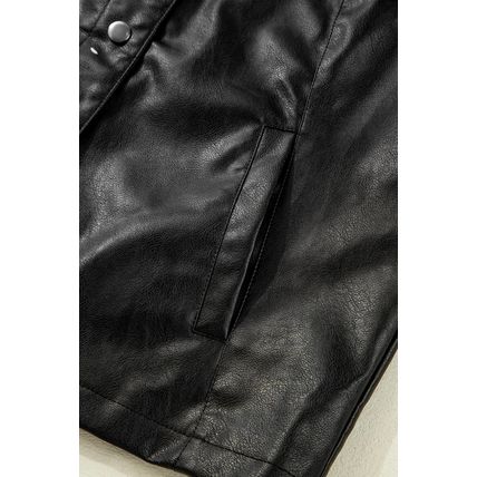 Black Faux Leather Buttoned Front Boxy Jacket
