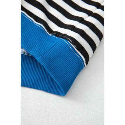 White Stripe Striped Contrast Ribbed Trim Crossed Stitch Drop Shoulder Sweatshir