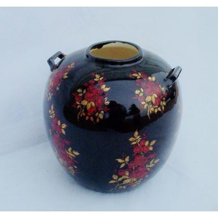 Black Oriental Style Vase Ceramic Asian Round Red Roses 8 inch tall