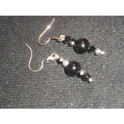 Pair lightweight silvered black crystal glass dangle earrings