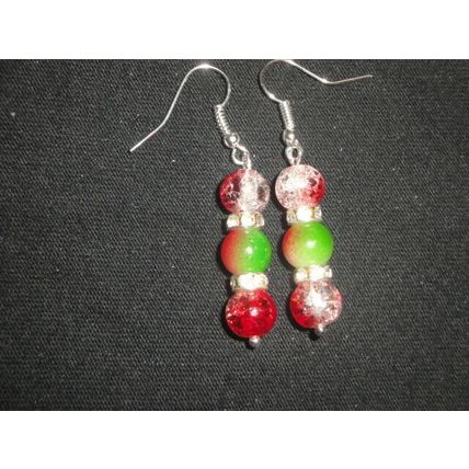 Beautiful red clear crackle over green red clear rhinestone short drop earrings