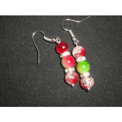 Beautiful red clear crackle over green red clear rhinestone short drop earrings