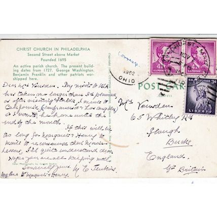 Christ Church Philadelphia Second ST. above Market USA Postcard posted 1962 VGC