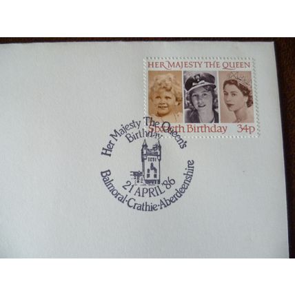 1986 GB 60th Birthday Queen Elizabeth II 34p stamp Pilgrim FDC Balmoral cancel