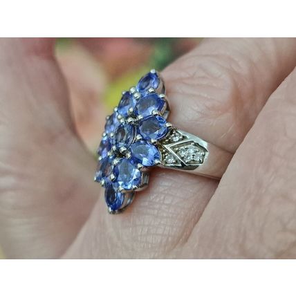 Natural Tanzanite Zircon Rhombus Cluster Ring Sz P½ Platinum Overlay 925 Silver