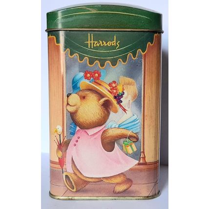 VINTAGE TIN MONEY BOX - HARRODS SHOP - BEARS SHOPPING - 14 x 7 cm - GOOD