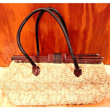 Brighton Woven Straw Satchel Handbag Leather Straps Silver Tone Heart Accents
