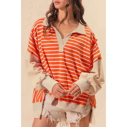 Orange Stripe Color Block Loose Fit Collared Drop Shoulder Sweatshirt