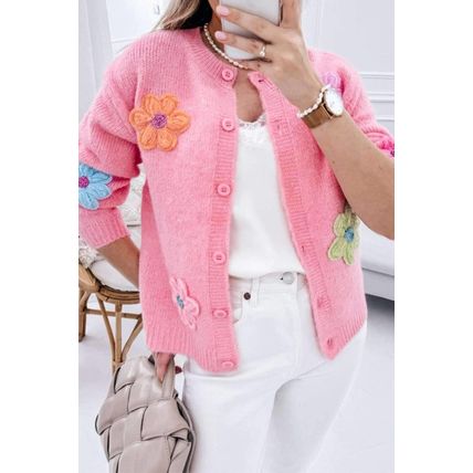 Pink Cute Knitted Floral Pattern Button Up Cardigan