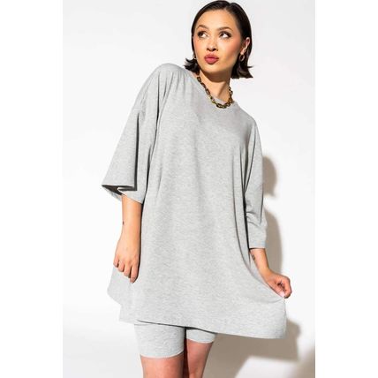 Light Grey Solid Color Loose Tunic Top and Slim Shorts Set