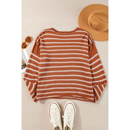 Brown Stripe Drop Shoulder Casual Sweater