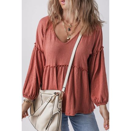 Mineral Red Solid Color Textured Frilled Trim V Neck Puff Sleeve Blouse