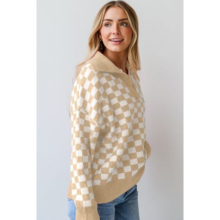 Apricot Checkered Buttons Collar V Neck Drop Shoulder Sweater