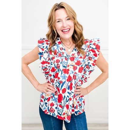Red Flowers Pintuck Detail V-Neck Ruffled Sleeve Top