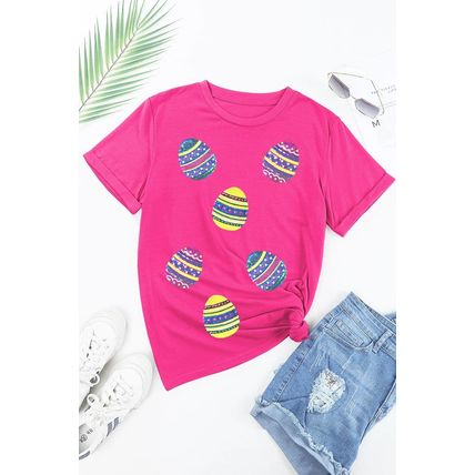 Rose Red Sequin Easter Egg Graphic Casual T Shirt