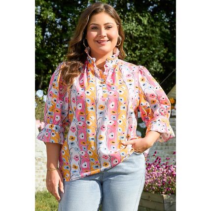 Pink Floral Ruffled Collar Bracelet Sleeve Plus Size Blouse Top