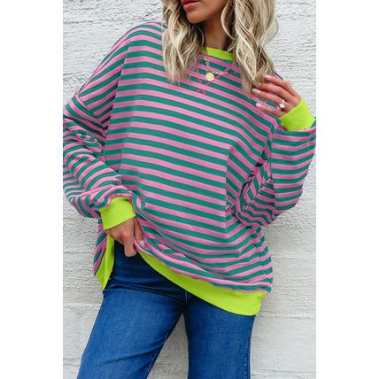 Rose Stripe Contrast Ribbed Trim Crossed Stitch Drop Shoulder Sweatshirt