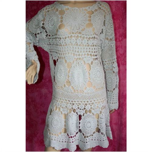 Vintage 1970 Blue Open Work Crochet Dress Size 10 Rare