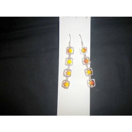 Electro plated orange on yellow faceted drum glass long earrings bright fun hols