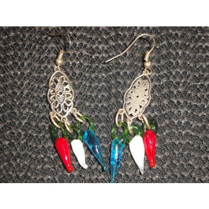 Small lightweight handmade red white blue glass chilli or sweet pepper earrings