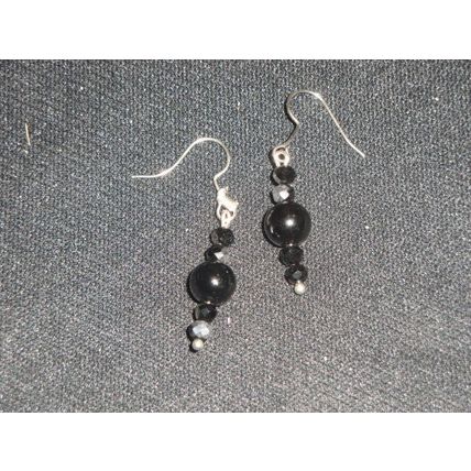 Pair lightweight silvered black crystal glass dangle earrings