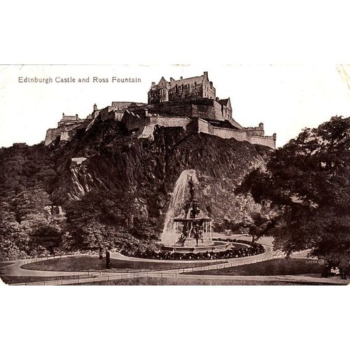 Vintage Sepia Postcard - Edinburgh Castle & Ross Fountain.