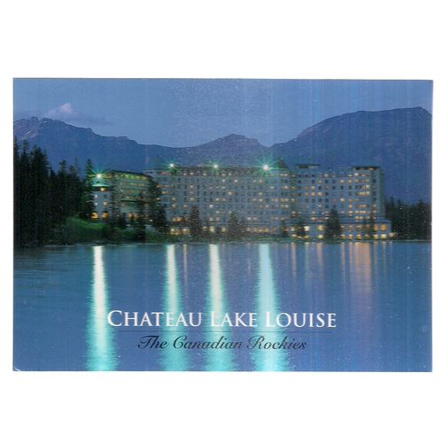 at night, CHATEAU LAKE LOUISE hotel , Canadian Rockies..unused vintage postcard.