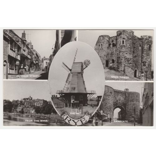 Postcard Rye, Sussex multiview. Mermaid Street, Ypres Tower, Landgate, The Mill