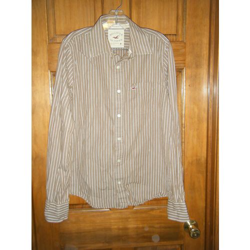 Men's Hollister California Brown & White Striped LS Shirt - Size M
