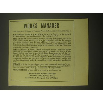 1966 Ronson Products Ltd. Ad - Works Manager