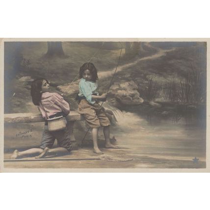French Children Fishing Accident With Rod Antique Postcard