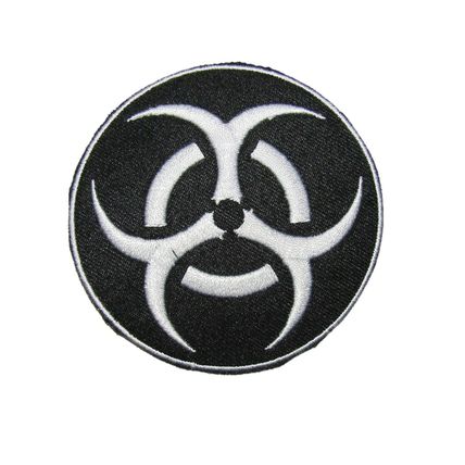Iron On Badge Embroidered Biohazard Symbol Patch Black White Sew Cloth Logo P475