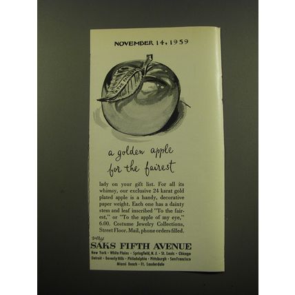 1959 Saks Fifth Avenue Apple Paper Weight Ad - A Golden Apple for the fairest