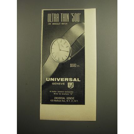 1960 Universal Geneve Watch Ad - Ultra Thin 500 14K Bracelet Watch