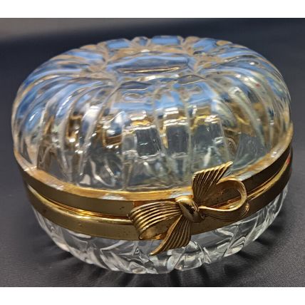 Vintage Cut Glass Crystal Round Gold Trim BowTie Hinged Dresser Trinket Box Bow