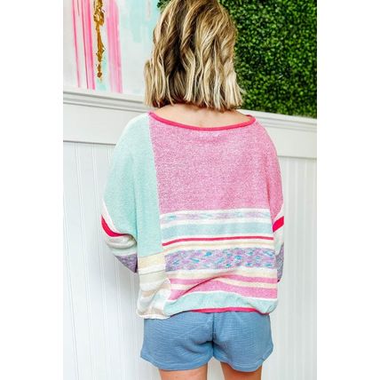 Pink Color Block Striped Three-Quarter Sleeve Knitted Top