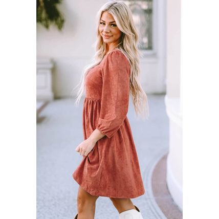 Brown Suede Square Neck Puff Sleeve Dress